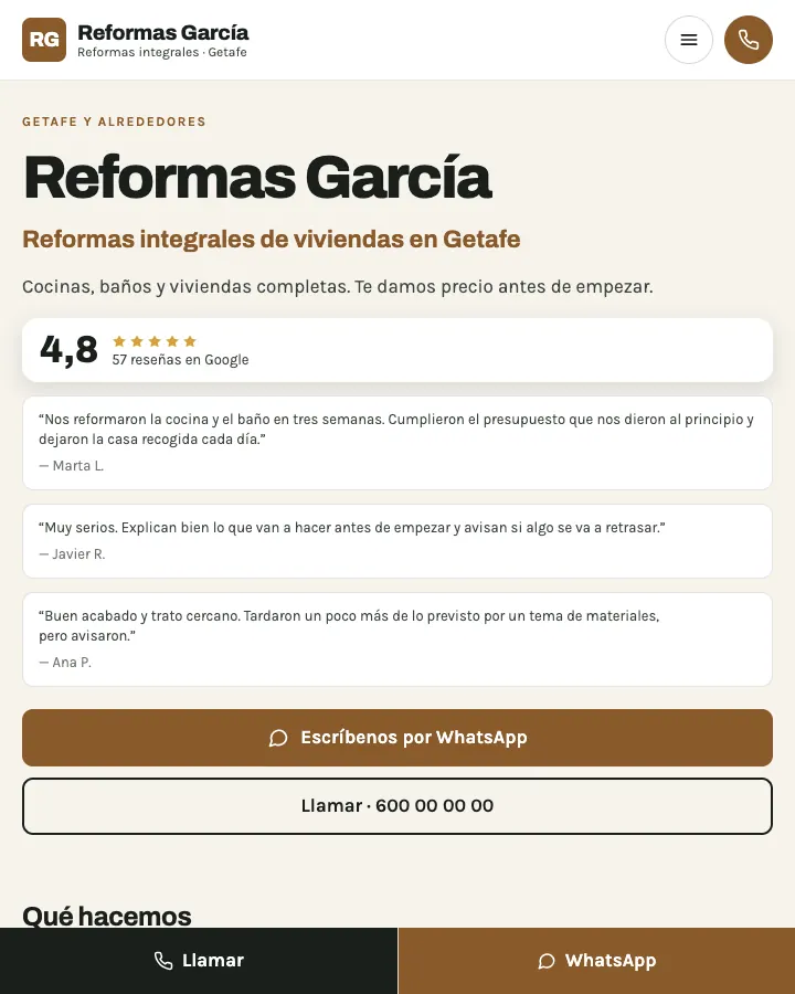 Captura del héroe de la web de ejemplo Reformas Ejemplo